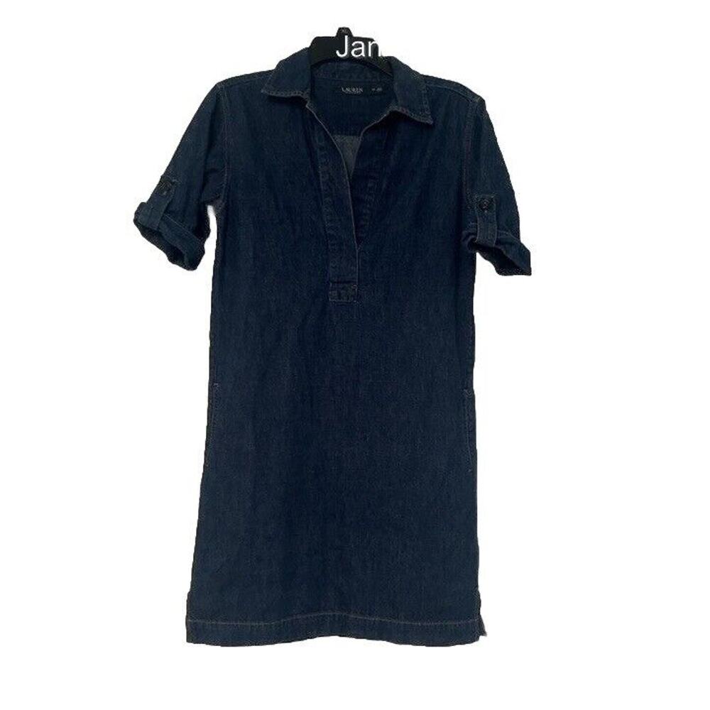 Lauren Ralph Lauren Size XS Dress Denim Blue Pockets Cuff Button Sleeves Cotton